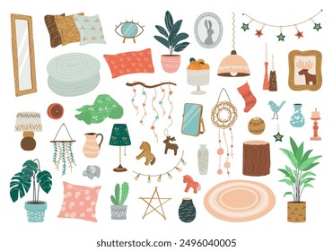 Scandinavian Cozy Home Interior and Decor Set. Modern Accessories for Home. Clip art of Lamps, Paintings, Pillows, Plants, Carpets, Vases, Candles. Isolated Flat Vector Illustrations on White.