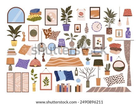 Scandinavian Cozy Home Interior and Decor Set. Modern Accessories for Home. Clip art of Lamps, Paintings, Pillows, Plants, Carpets, Vases, Books. Isolated Flat Vector Illustrations on White Background