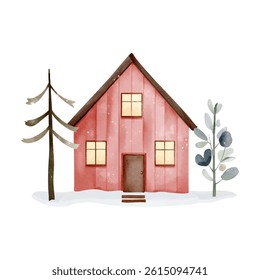 Scandinavian cozy house. Cute fairy house. Hand drawn childlike illustration. Watercolor wooden house.