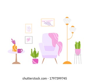 Scandinavian cozy room interior - armchair, table, lamp, pictures on the wall and potted house plants, modern interior design in light violet and pink colors. Indoors decorations - vector illustration