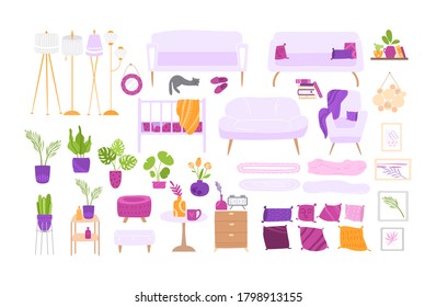 Scandinavian cozy room interior - large furniture and home decor set - armchair, table, lamp, sofa, pillow, wall picture, potted plants and more, modern interior design - vector isolated elements