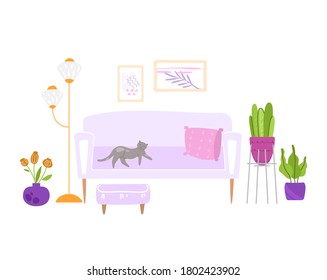 Scandinavian cozy room interior - ottoman, sofa, table, lamp, pictures on the wall and potted house plants and decor elements, modern interior design - vector illustration