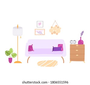 Scandinavian cozy room interior - sofa, chest of drawers, floor lamp, pictures on the wall and potted house plants, modern interior design violet and pink colors - vector illustration