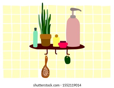 Scandinavian cozy Vector interior. Shelf with cosmetics on the tiles wall in the bathroom. Hygge minimalistic hand-drawn illustration with home plants, hygiene and makeup products, shampoos, creams