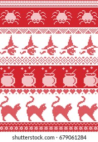 Scandinavian cross stitch, Nordic and traditional American holiday inspired seamless Halloween pattern with spider, spider web , witch, cat, cauldron  and decorative ornaments in red and white
