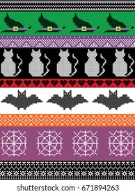 Scandinavian cross stitch and traditional American holiday  inspired seamless Halloween pattern with witch hat, spider web, heart shape, cat, and decorative ornaments in purple, orange, black, yellow
