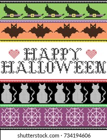 Scandinavian cross stitch and traditional American holiday inspired seamless Happy Halloween pattern with bat, cat, spider web, witch's hat, decor ornaments in purple, orange, black, yellow, green 
