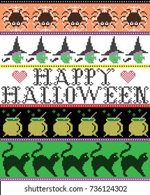 Scandinavian cross stitch and traditional American holiday inspired seamless Happy Halloween pattern with spider, web, witch, boiler, cat and decor ornaments in purple, orange, black, yellow, green 
