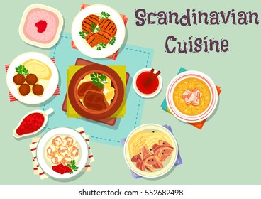 Scandinavian cuisine dishes with dessert icon of beef steak with beet, vegetable beef stew, meatball with berry sauce, pea bacon soup, lamb cabbage stew, meatball, porridge raspberry dessert