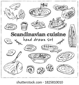 Scandinavian cuisine Menu doodle icons Vector illustration on chalkboard