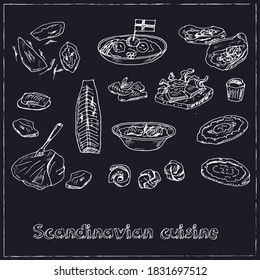 Scandinavian cuisine Menu doodle icons Vector illustration on chalkboard
