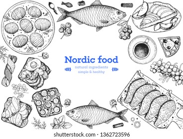 Scandinavian cuisine sketch collection. Hand drawn vector illustration. Food menu design template, engraved elements. Scandinavian food set. Smorgasbord illustration.