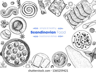 Scandinavian cuisine sketch collection. Hand drawn vector illustration. Food menu design template, engraved elements. Scandinavian food set. Smorgasbord illustration.