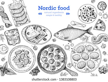 Scandinavian cuisine sketch collection. Hand drawn vector illustration. Food menu design template, engraved elements. Scandinavian food set. Smorgasbord illustration