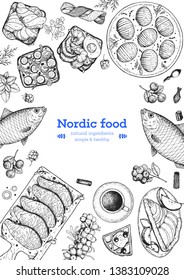 Scandinavian cuisine sketch collection. Hand drawn vector illustration. Food menu design template, engraved elements. Scandinavian food set. Smorgasbord illustration. 