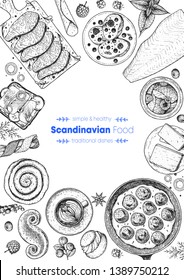 Scandinavian cuisine sketch collection. Hand drawn vector illustration. Food menu design template, engraved elements. Scandinavian food set. Smorgasbord illustration.