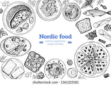 Scandinavian cuisine top view frame. Smorgasbord illustration. A set of Scandinavian dishes . Food menu design template. Vintage hand drawn sketch vector illustration. Engraved image