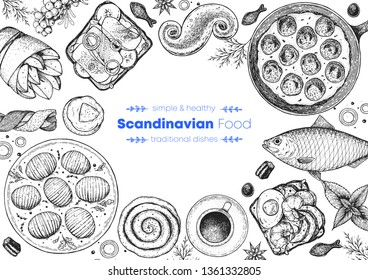 Scandinavian cuisine top view frame. Smorgasbord illustration. A set of Scandinavian dishes . Food menu design template. Vintage hand drawn sketch vector illustration. Engraved image