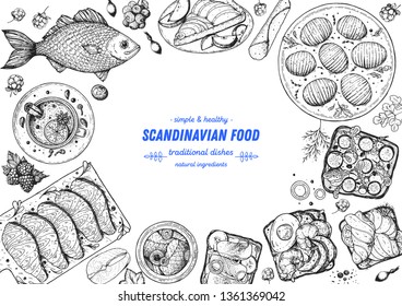 Scandinavian cuisine top view frame. Smorgasbord illustration. A set of Scandinavian dishes . Food menu design template. Vintage hand drawn sketch vector illustration. Engraved image