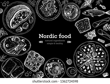 Scandinavian cuisine top view frame.  Smorgasbord illustration. A set of Scandinavian dishes . Food menu design template. Vintage hand drawn sketch vector illustration. Engraved image