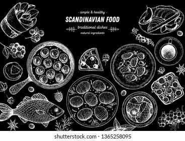 Scandinavian cuisine top view frame.  Smorgasbord illustration. A set of Scandinavian dishes . Food menu design template. Vintage hand drawn sketch vector illustration. Engraved image