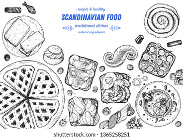 Scandinavian cuisine top view frame.  Smorgasbord illustration. A set of Scandinavian dishes . Food menu design template. Vintage hand drawn sketch vector illustration. Engraved image