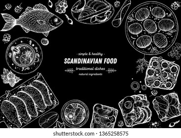 Scandinavian cuisine top view frame.  Smorgasbord illustration. A set of Scandinavian dishes . Food menu design template. Vintage hand drawn sketch vector illustration. Engraved image