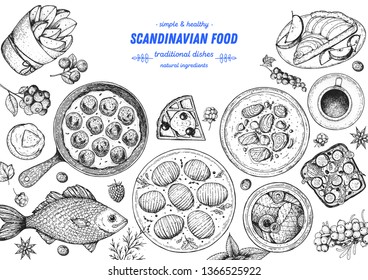 Scandinavian cuisine top view frame.  Smorgasbord illustration. A set of Scandinavian dishes . Food menu design template. Vintage hand drawn sketch vector illustration. Engraved image