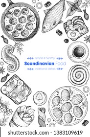 Scandinavian cuisine top view frame. Smorgasbord illustration. A set of Scandinavian dishes . Food menu design template. Vintage hand drawn sketch vector illustration. Engraved image 