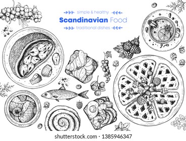 Scandinavian cuisine top view frame. Smorgasbord illustration. A set of Scandinavian dishes . Food menu design template. Vintage hand drawn sketch vector illustration. Engraved image