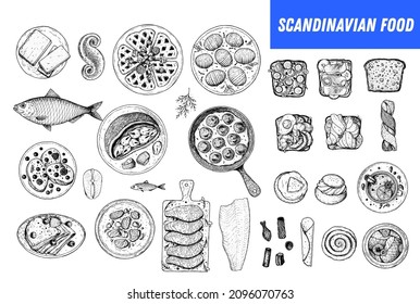 Scandinavian cuisine top view. Smorgasbord illustration. A set of Scandinavian dishes . Food menu design template. Vintage hand drawn sketch vector illustration. Engraved image	