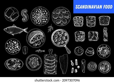 Scandinavian cuisine top view. Smorgasbord illustration. A set of Scandinavian dishes . Food menu design template. Vintage hand drawn sketch vector illustration. Engraved image