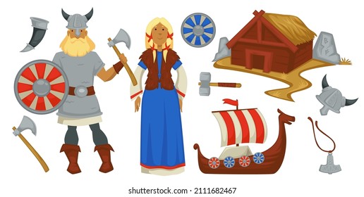 Scandinavian Culture Of Old Times, Vikings People Wearing Traditional Clothes. Wooden Ship Drakkar, Helmet With Horns, Hut For Living And Tools For Working On Farms. Weapons And Axes Vector In Flat