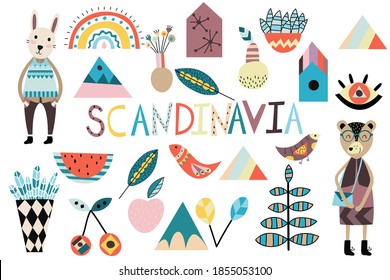 Scandinavian cute design nature elements and animals. Flowers, birds, geometric figures, abstract vector elements. 
