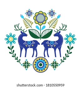 Scandinavian Cute Folk Art With Deer And Flowers. Retro Background Inspired By Swedish And Norwegian Traditional.