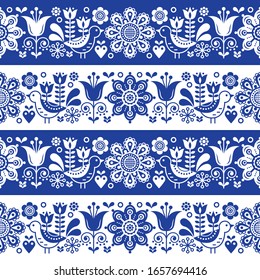 Scandinavian cute folk art seamless vector pattern with flowers and birds, Nordic style repetitive floral design perfect for textiles wallpaper
  