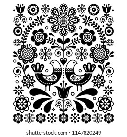 Scandinavian cute folk art vector decoration with birds and flowers, Scandinavian navy black and white floral pattern. Retro, traditional monochrome floral ornament inspired by Swedish art