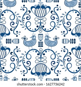 Scandinavian cute folk art vector seamless background with birds and flowers. Scandinavian navy blue floral pattern.