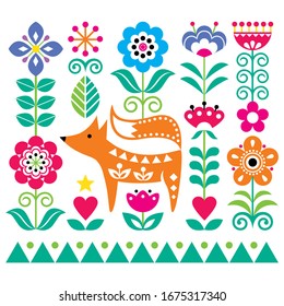 Scandinavian cute folk art vector pattern with flowers and fox, floral greeting card or invitation inspired by traditional embroidery from Sweden, Norway and Denmark. Forest happy Nordic ornament