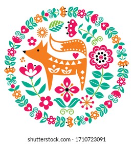 Scandinavian cute folk art vector round pattern with flowers and fox, floral greeting card or invitation inspired by traditional embroidery from Sweden, Norway and Denmark
