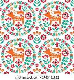 Scandinavian cute folk art vector seamless pattern with flowers and fox, floral textile ornament inspired by traditional embroidery from Sweden, Norway and Denmark. Forest Nordic repetitive decoration