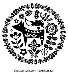 Scandinavian cute folk art vector round black and white pattern with flowers and fox, floral greeting card or invitation inspired by traditional embroidery from Sweden, Norway and Denmark. 