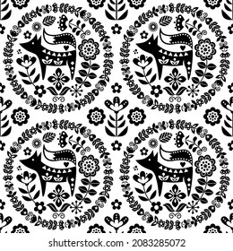 Scandinavian cute folk art vector seamless pattern with flowers and fox, black floral textile ornament inspired by traditional embroidery from Sweden, Norway and Denmark. Forest Nordic monochrome art