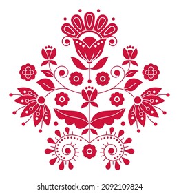 Scandinavian cute folk art vector design inspired by traditional embroidery patterns from Sweden, retro decoration with flowers, swirls and leaves motif in pink red on white. Nordic and Scandi style