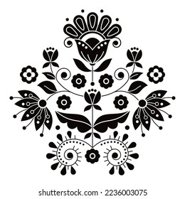 Skandinavische süße Volkskunst Vektordesign inspiriert von traditionellen Stickereimustern aus Schweden, Retro-Dekoration mit Blumen, wirbeln und Blätter Motiv in Schwarz auf Weiß. Skandinavien und Skandinavien 