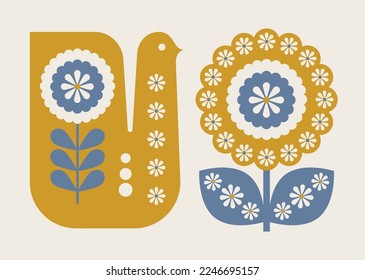 Scandinavian cute folk bird and flower set design. Vector illustration.