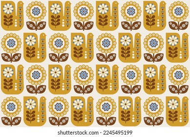 Scandinavian cute folk flower and bird pattern design. Vector illustration.