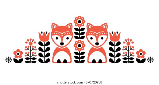 
Scandinavian cute folk pattern with fox and flowers - Finnish inspired, Nordic style
 