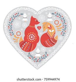 Scandinavian cute folk pattern with fox and flowers. Patterned winter heart. Folk art.