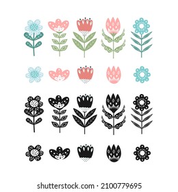 Scandinavian cute folk vector flat flowers, floral design inspired by traditional scandinavian illustration. Retro nature happy folk art ornament